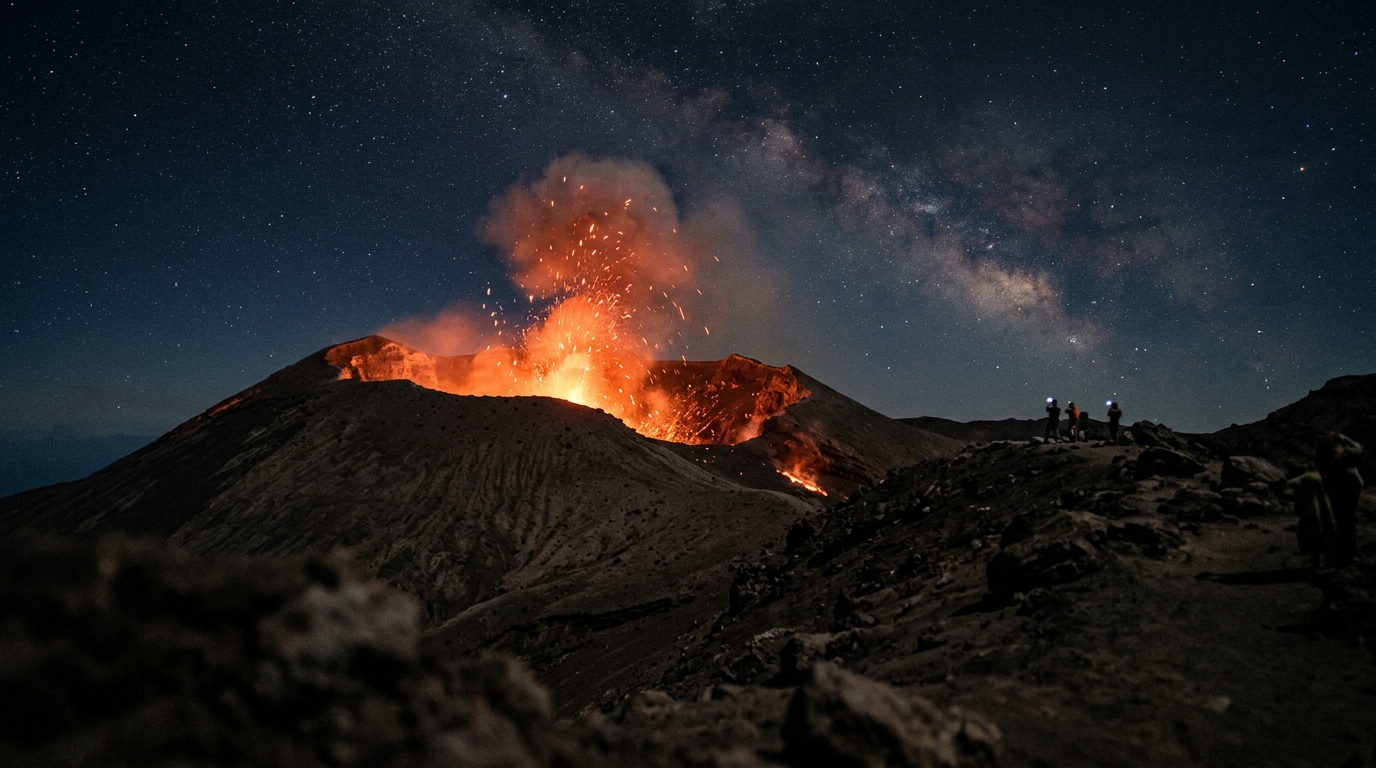Mount Yasur active volcano at night with lava erupting against dark sky Tanna Island Vanuatu in vanuatu travel guide