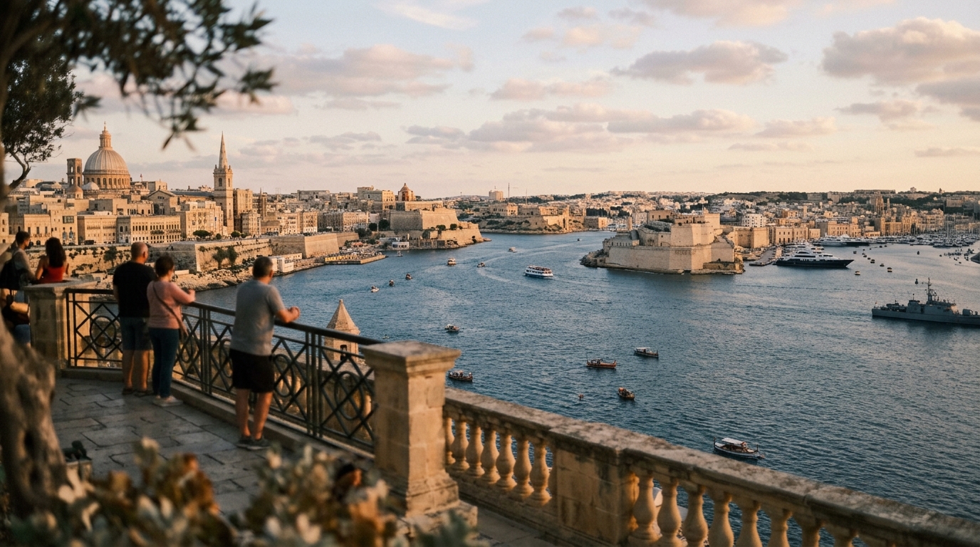 Valletta Grand Harbour panorama from Upper Barrakka Gardens at golden hour with Three Cities in background in valletta travel guide