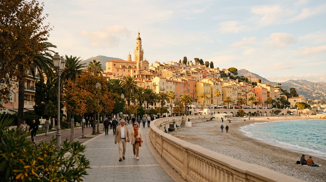 Menton Promenade du Soleil and beaches in autumn warm light
