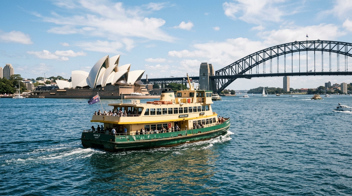 Green and cream Sydney ferry on harbour with Opera House and Harbour Bridge in background