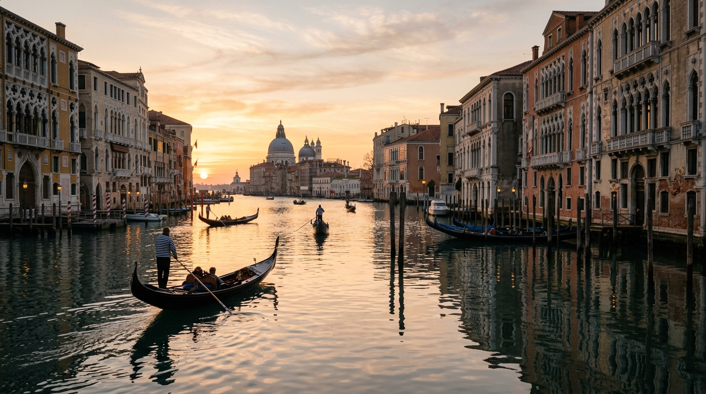 Grand Canal at sunrise with gondolas and historic Venetian palaces reflected in calm water in best things to do in venice