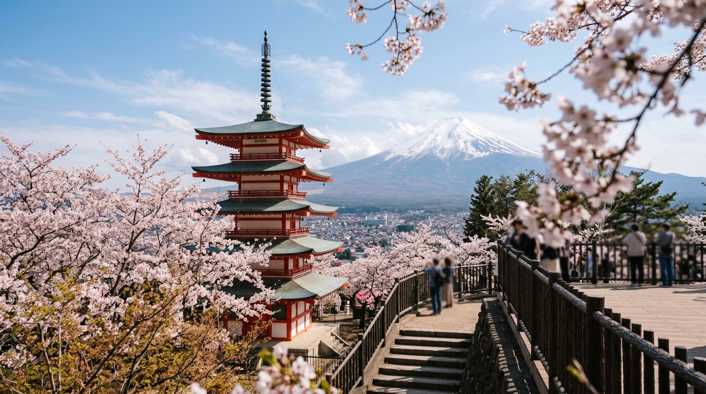 Chureito Pagoda with Mt. Fuji in background during cherry blossom season