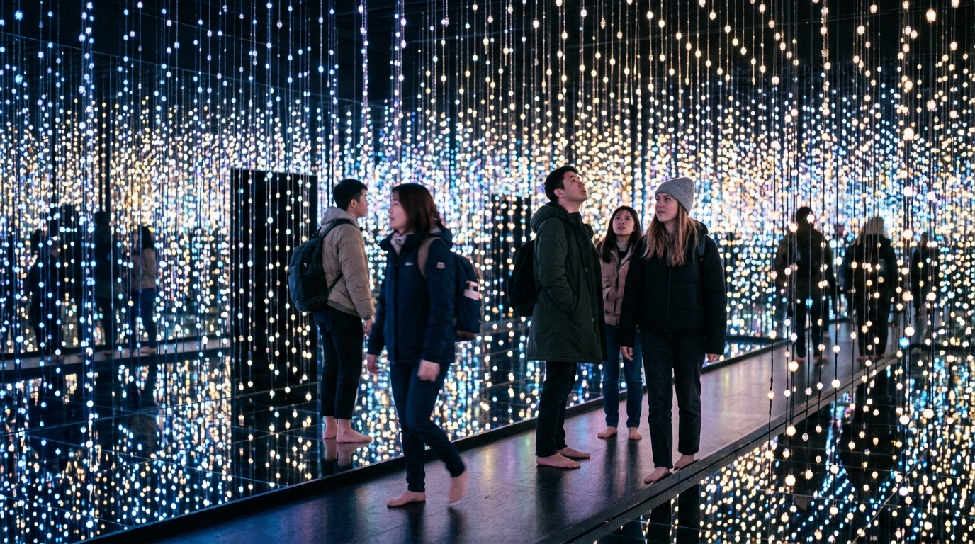 teamLab Planets light installation with visitors walking through glowing rooms