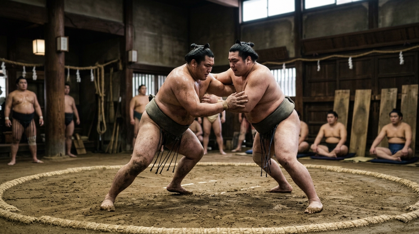 Sumo wrestlers training at morning practice in Tokyo stable