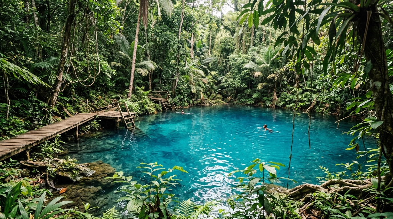 Espiritu Santo blue hole freshwater spring with electric blue water surrounded by jungle Vanuatu in vanuatu travel guide