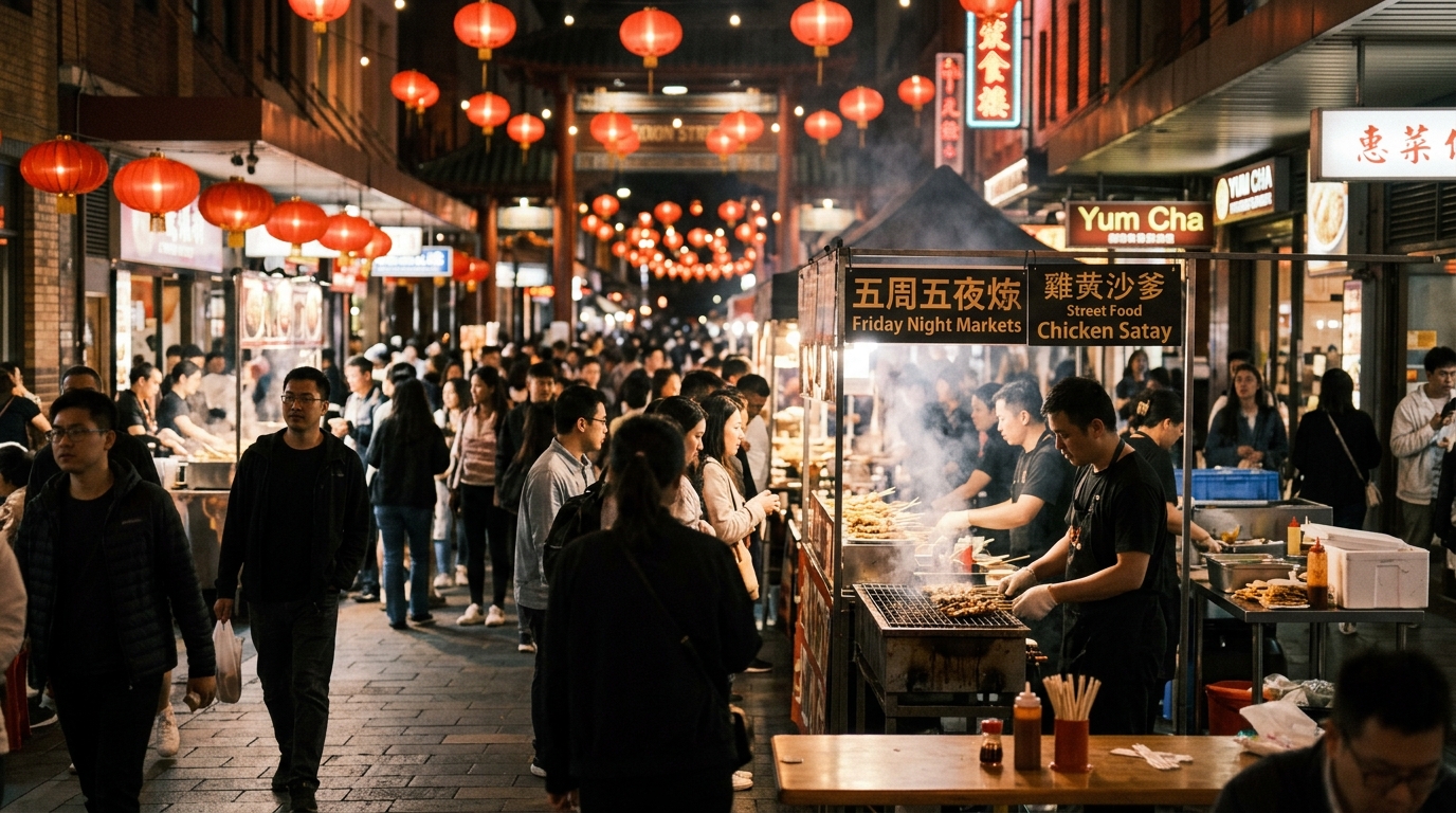 Bustling Sydney Chinatown Dixon Street at night with food stalls and glowing red lanterns