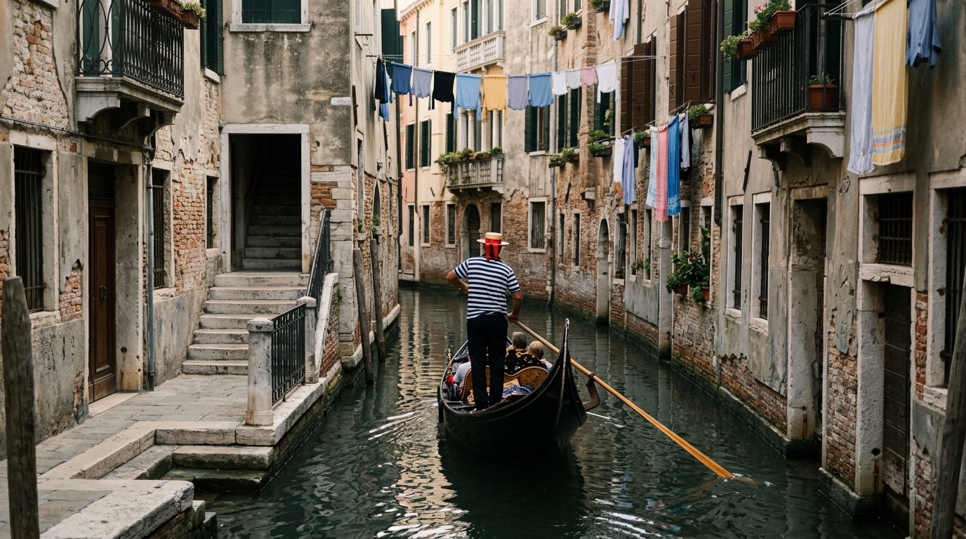 Gondolier steering through a narrow Venetian side canal with old stone walls and hanging laundry in best things to do in venice