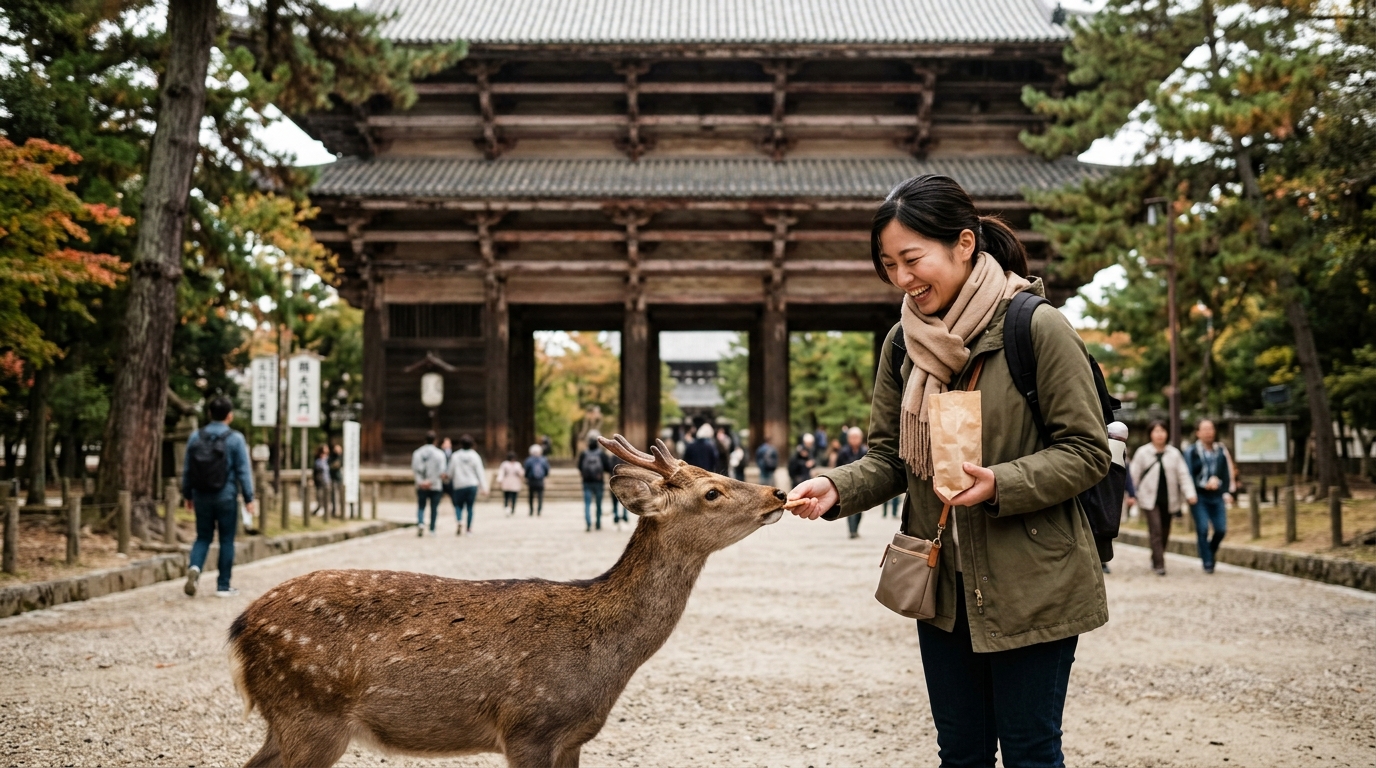 Nara Park deer approaching tourists in front of Todaiji temple