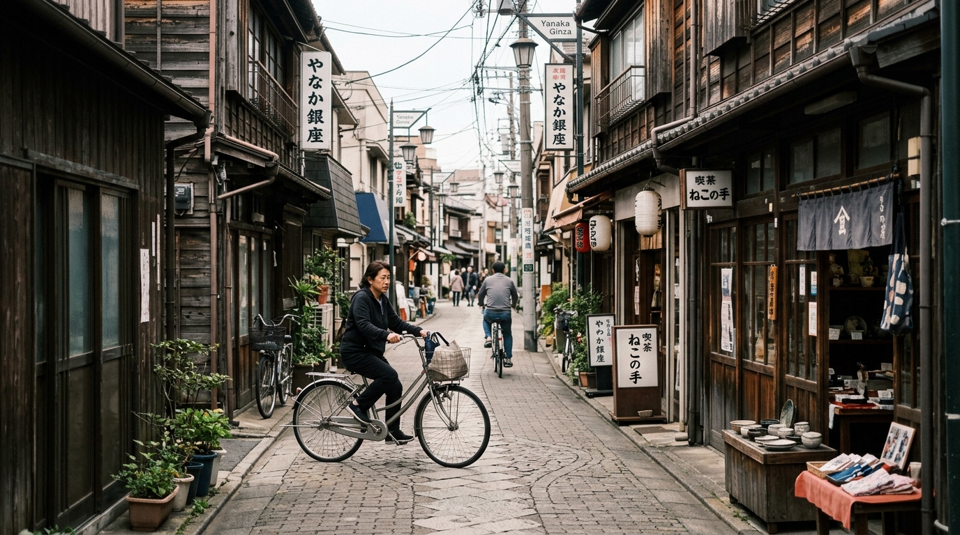 Yanaka old neighborhood Tokyo narrow lane with wooden shops and cyclists