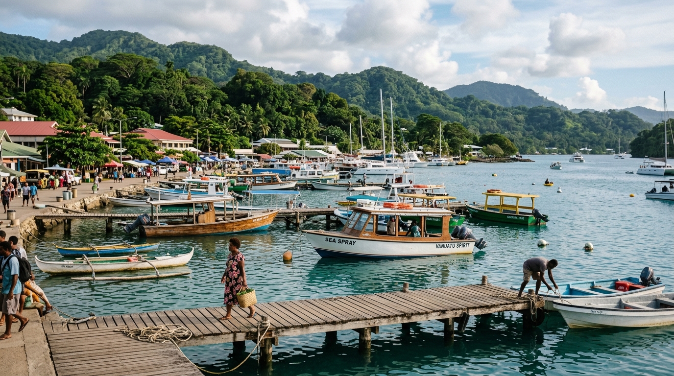 Port Vila Vanuatu waterfront harbor with tropical vegetation and moored boats South Pacific in vanuatu travel guide