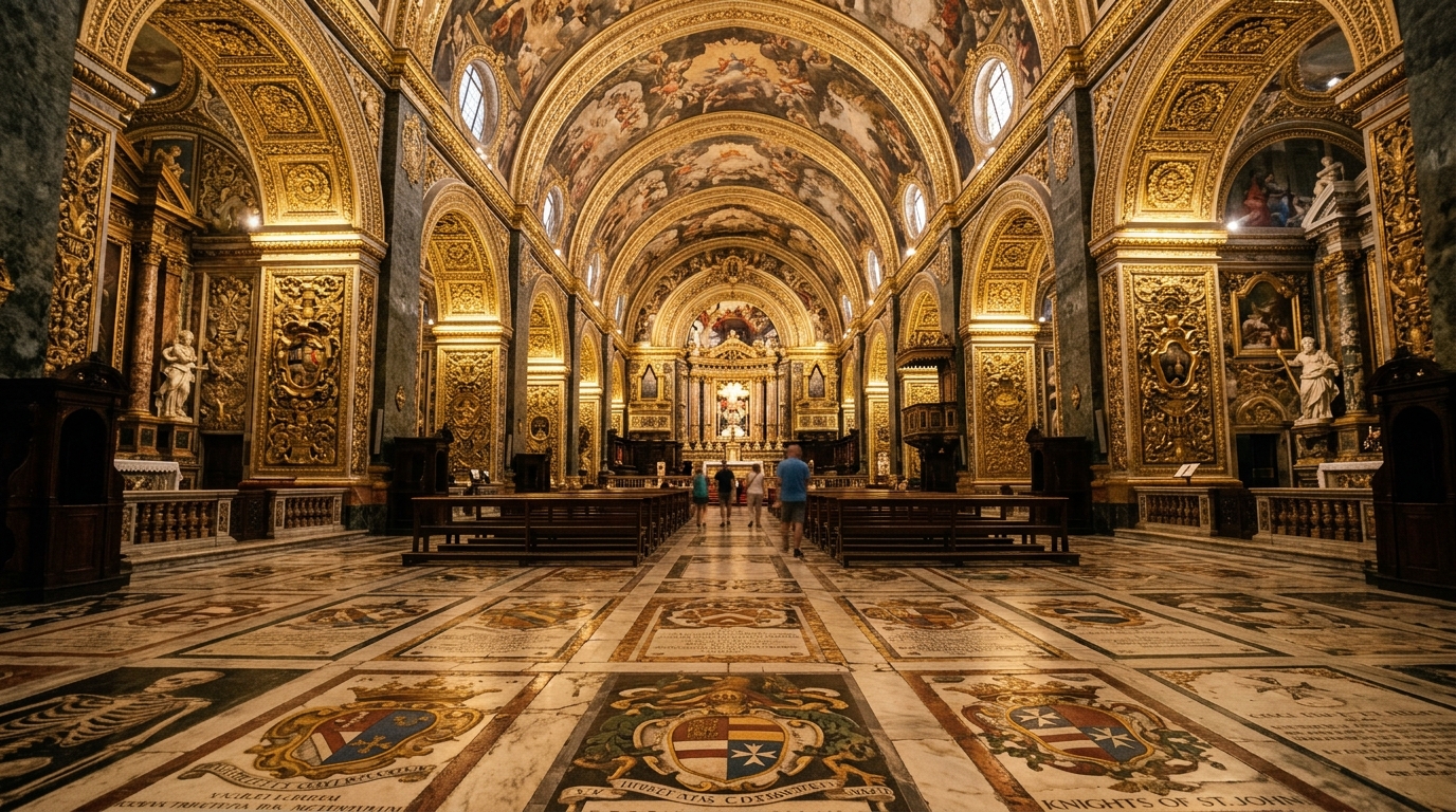 St John's Co-Cathedral Valletta interior gilded baroque nave with ornate ceiling and marble tombstone floor Malta in valletta travel guide