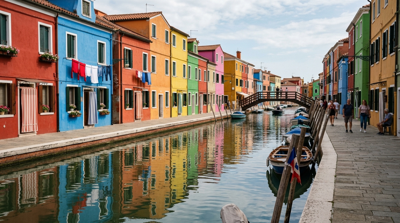 Brightly painted colorful houses along the canal in Burano island with reflections in the water in best things to do in venice