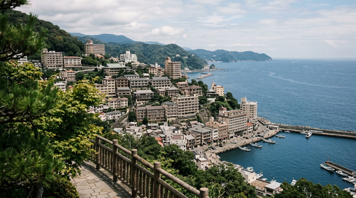 Atami hot spring resort coastal view with Pacific Ocean and terraced buildings