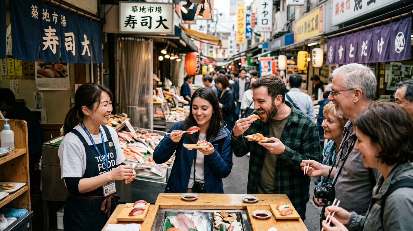 Group tourists on food tour at Tsukiji outer market Tokyo tasting sushi