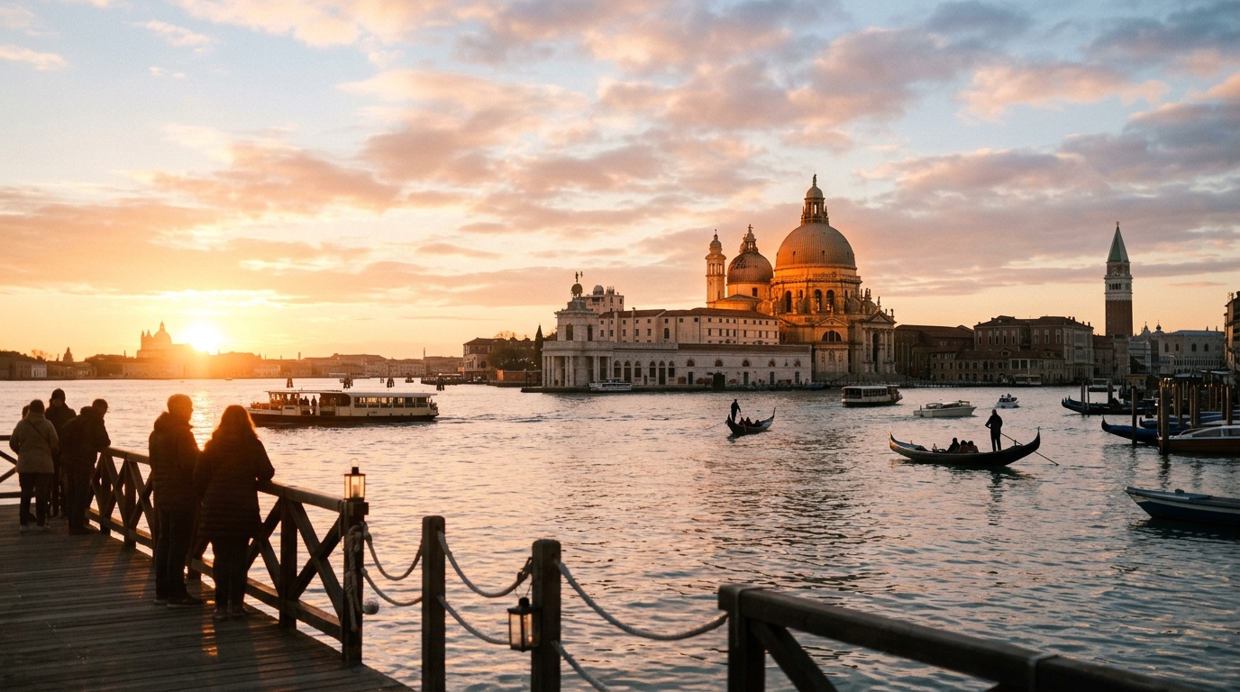 Sunrise view from Punta della Dogana looking across the water to Santa Maria della Salute church with golden light in best things to do in venice
