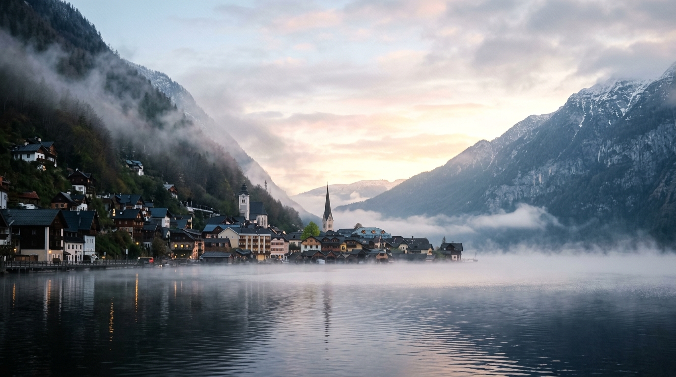 Hallstatt Malerwinkel viewpoint panorama showing village reflected in lake