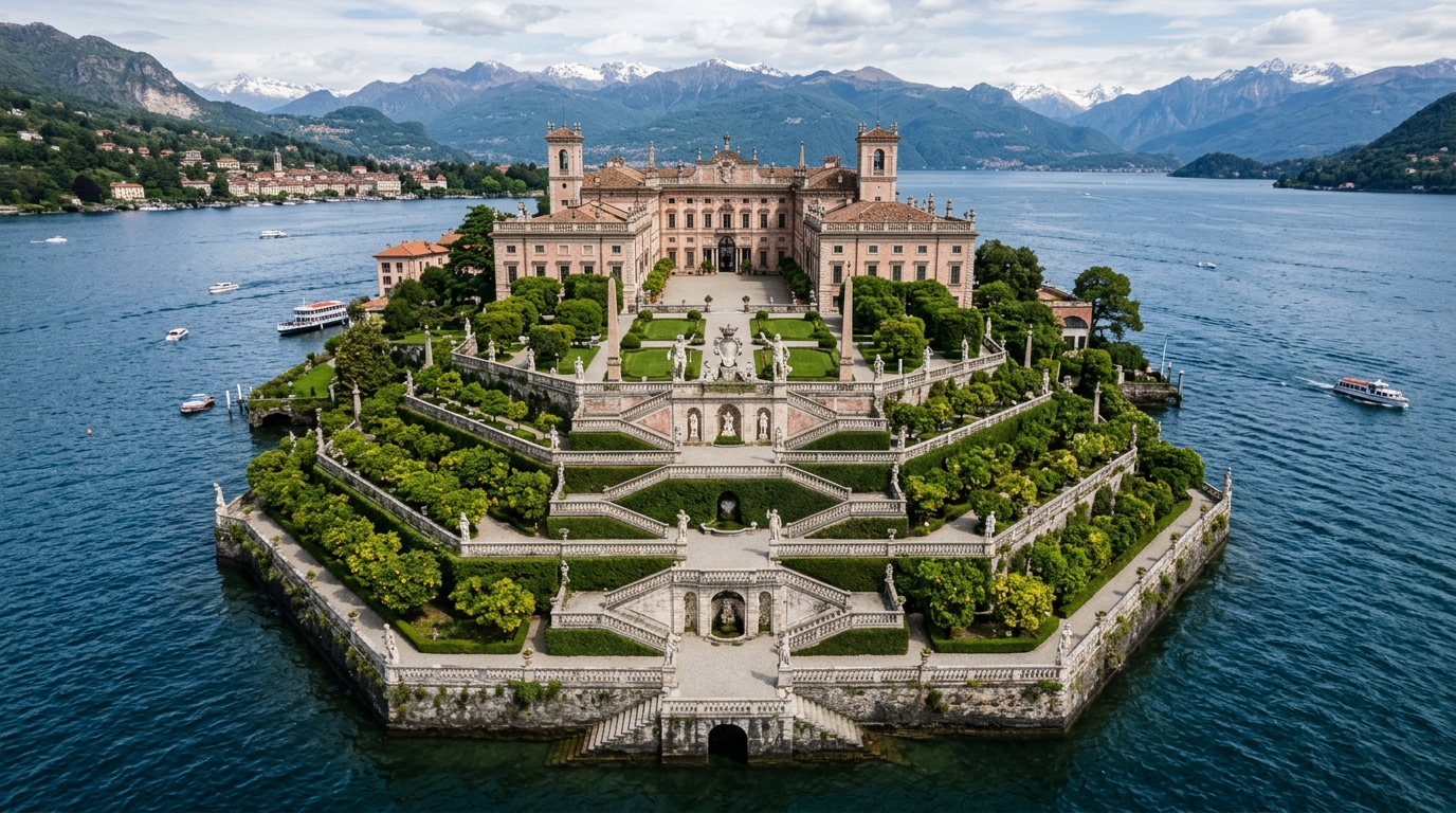 Isola Bella aerial view showing ten baroque terraces with statuary, lemon trees, and the grand Borromean Palace in isola bella travel guide