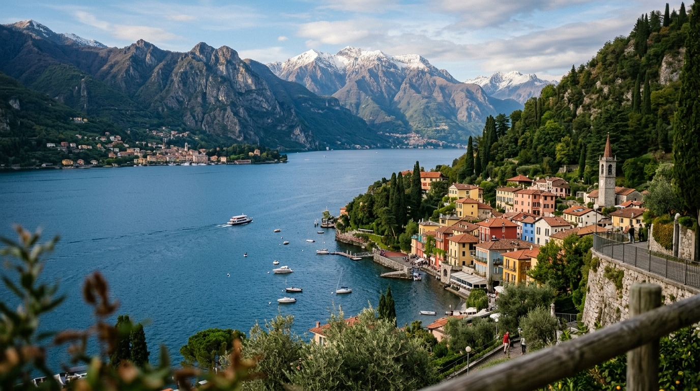 Panoramic view of Lake Como with colorful lakeside villages and the Alps