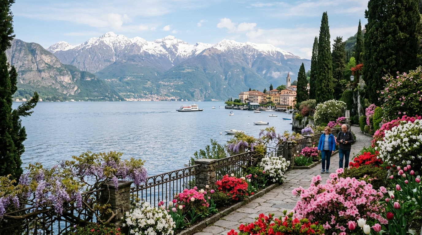 Spring flowers and gardens along Lake Como shoreline with Alps backdrop