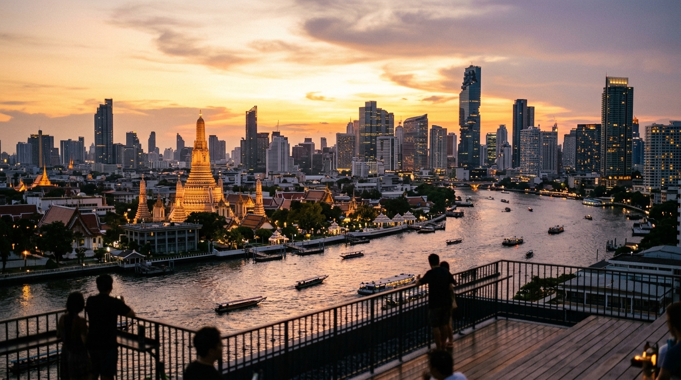 Bangkok skyline at sunset with temples and modern skyscrapers - bangkok skyline temple sunset golden in bangkok travel guide