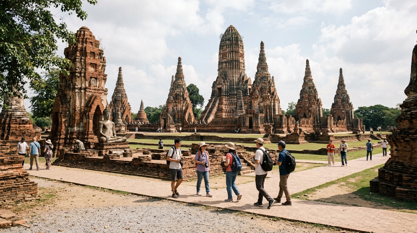 Panoramic view of ancient temple ruins in Ayutthaya with tourists exploring - ayutthaya temple ruins day trip bangkok in bangkok day trips