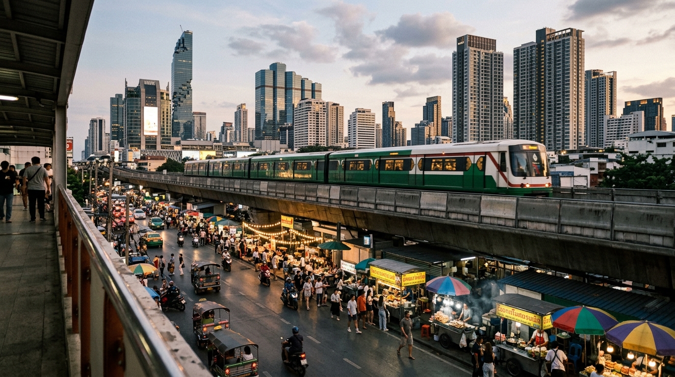 Panoramic view of Bangkok skyline with BTS Skytrain and street vendors below