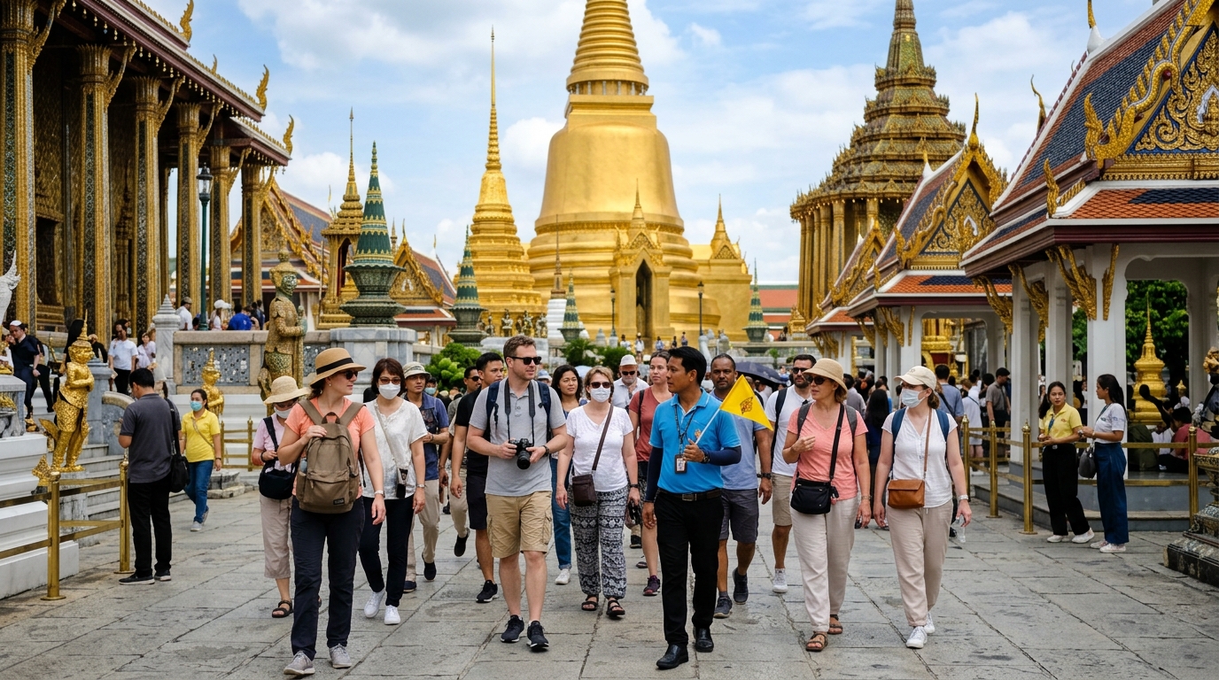 Tourist group visiting Grand Palace temple complex in Bangkok with golden spires in background