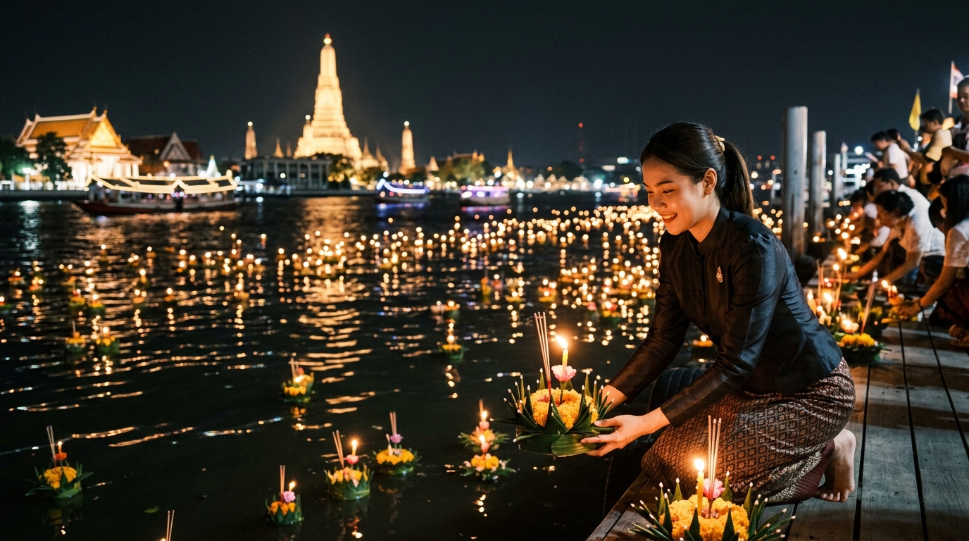 Loy Krathong festival floating candles on river in Bangkok - loy krathong festival bangkok river candle float night in bangkok travel guide