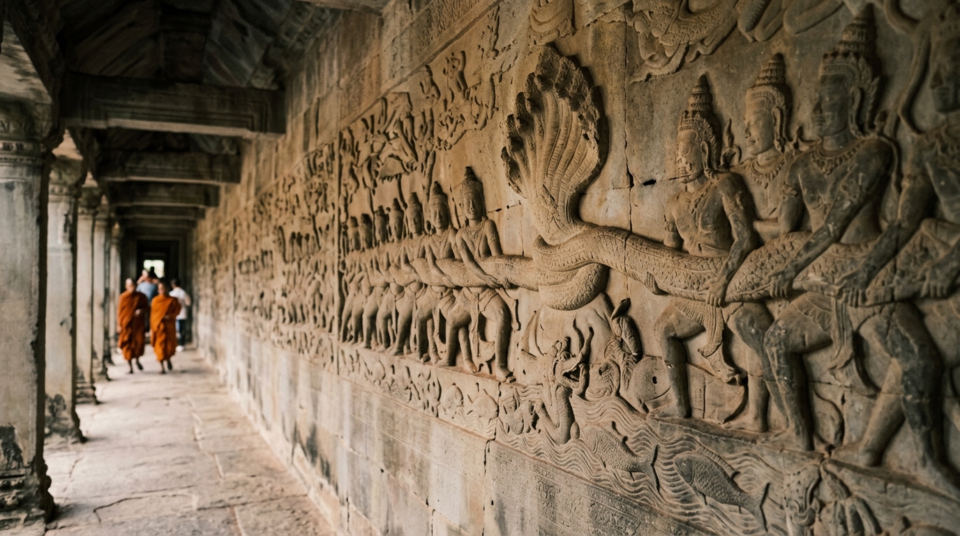 Angkor Wat bas-relief carvings depicting Churning Sea of Milk in angkor wat temple guide