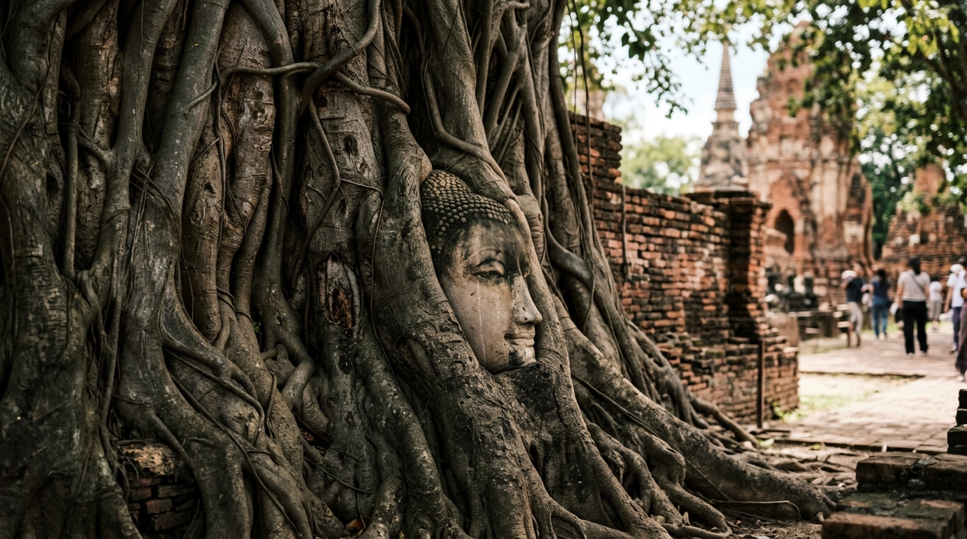 The iconic Buddha head in tree roots at Wat Mahathat Ayutthaya - wat mahathat buddha head tree roots ayutthaya in bangkok day trips