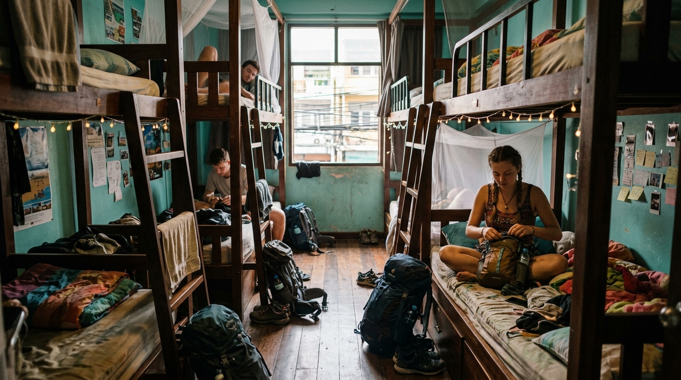 Bangkok hostel dorm room with wooden bunks and backpacker atmosphere near Khao San Road