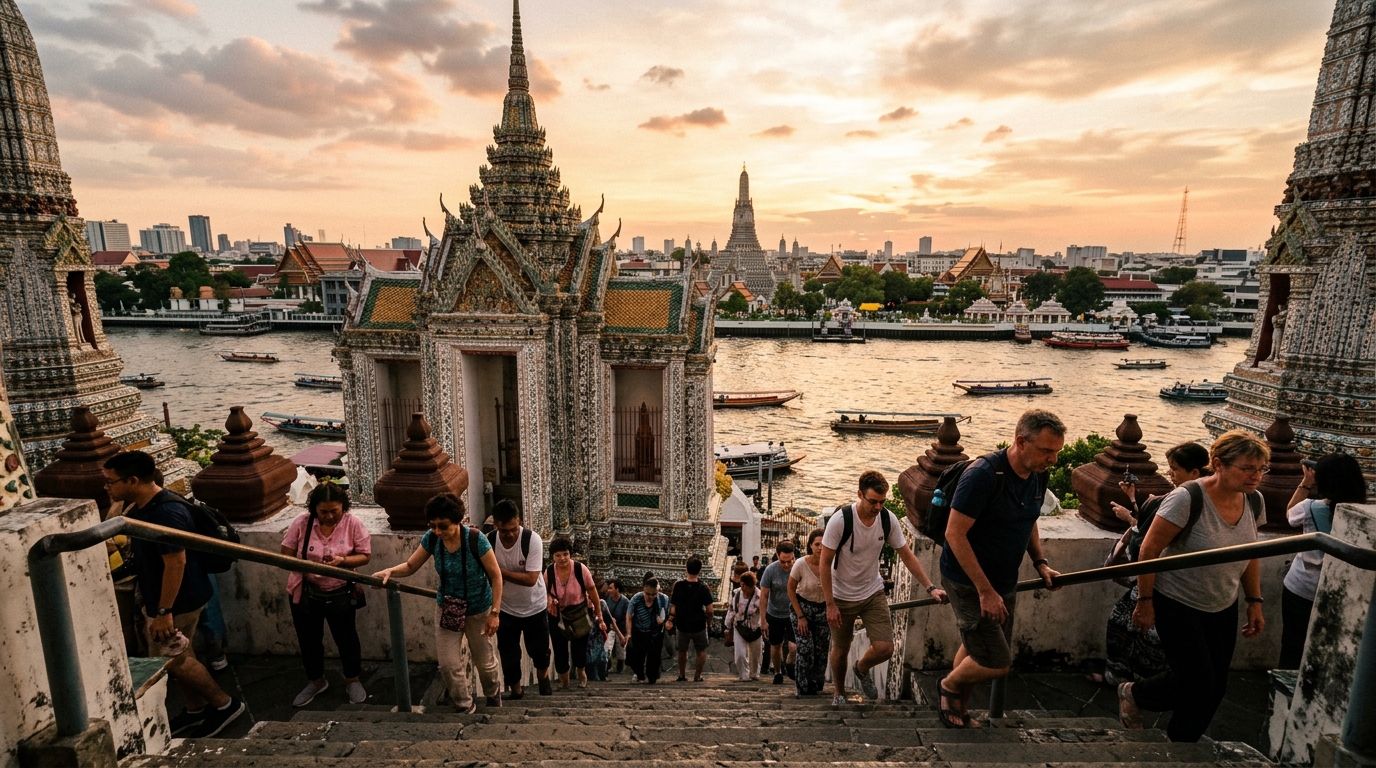 Wat Arun temple of dawn at golden hour with tourists on steep steps overlooking Chao Phraya River