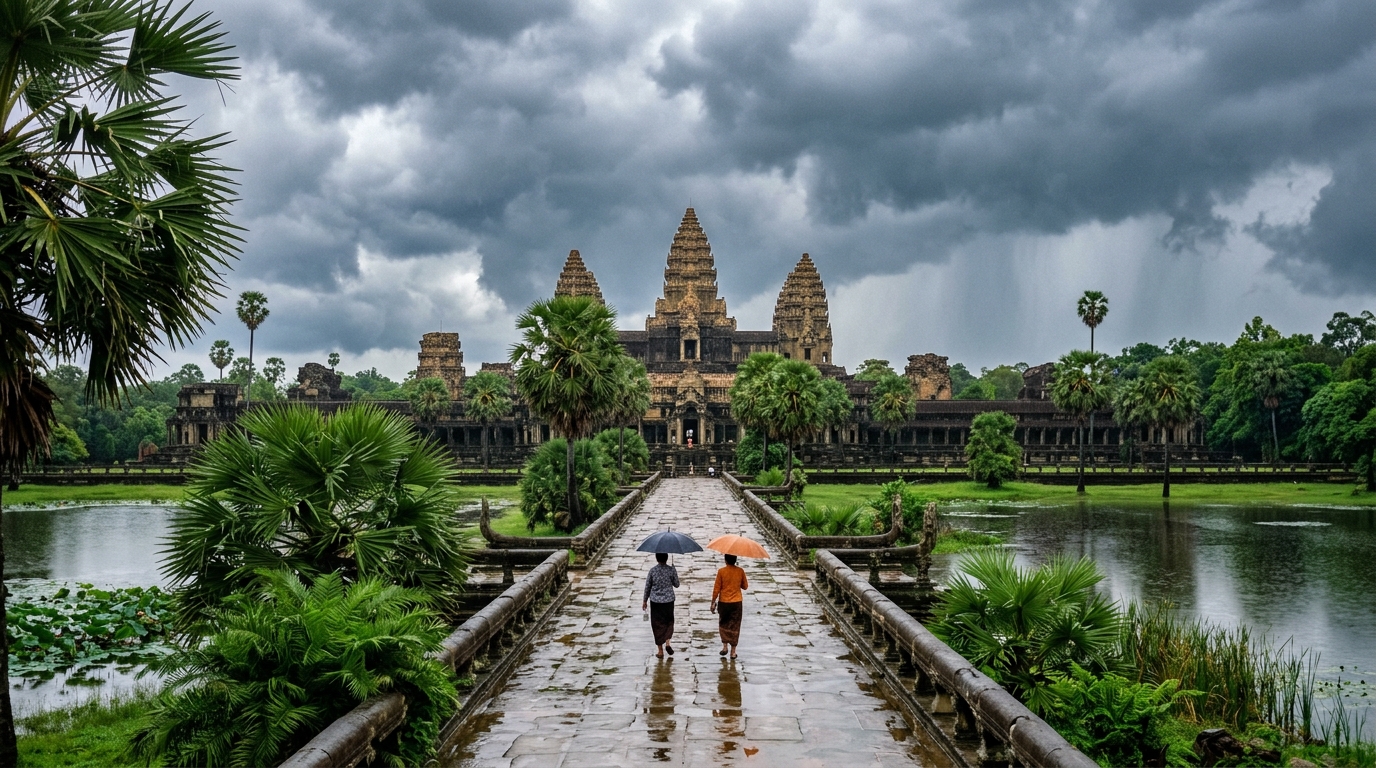 Angkor Wat with monsoon clouds and lush greenery rainy season in angkor wat temple guide