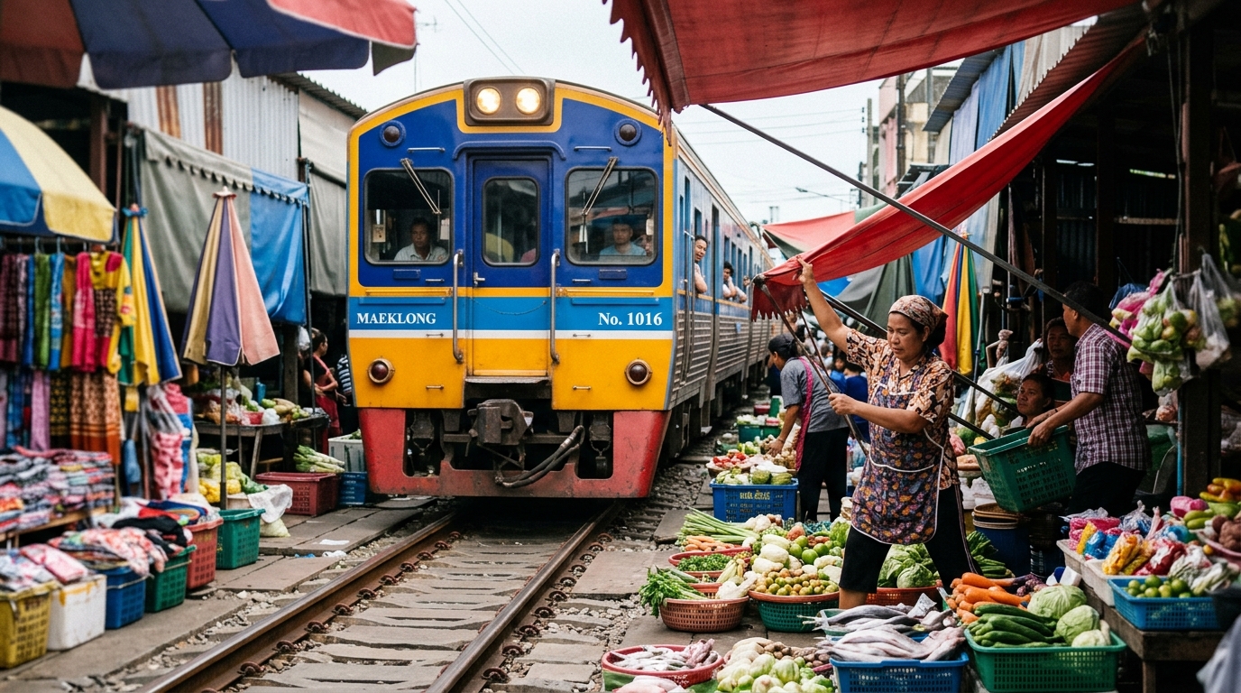 Train passing through Maeklong Railway Market with vendors pulling back goods - maeklong railway market train passing th in bangkok day trips