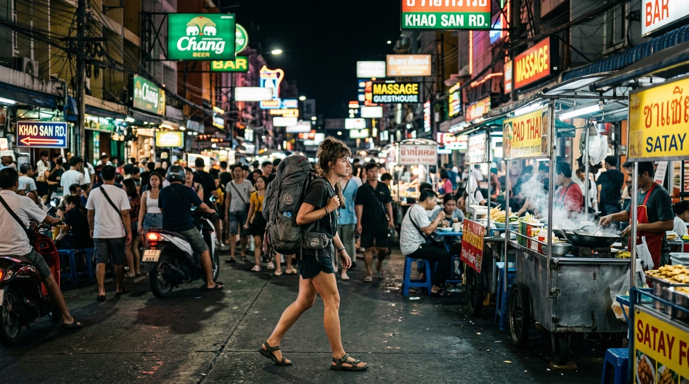 Solo backpacker walking through Bangkok's Khao San Road with neon lights and street food stalls