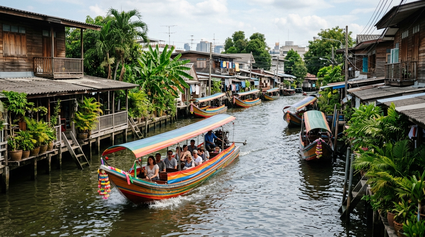 Colorful longtail boats on Bangkok canal in Thonburi with waterfront houses and tropical plants