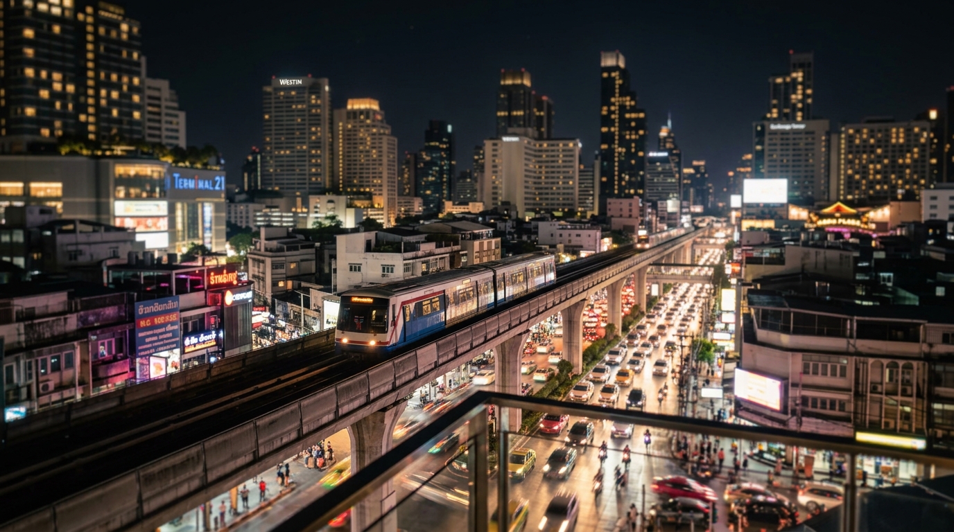 Bangkok Sukhumvit skyline at night with BTS Skytrain - bangkok sukhumvit nightlife bts skytrain urban in bangkok travel guide