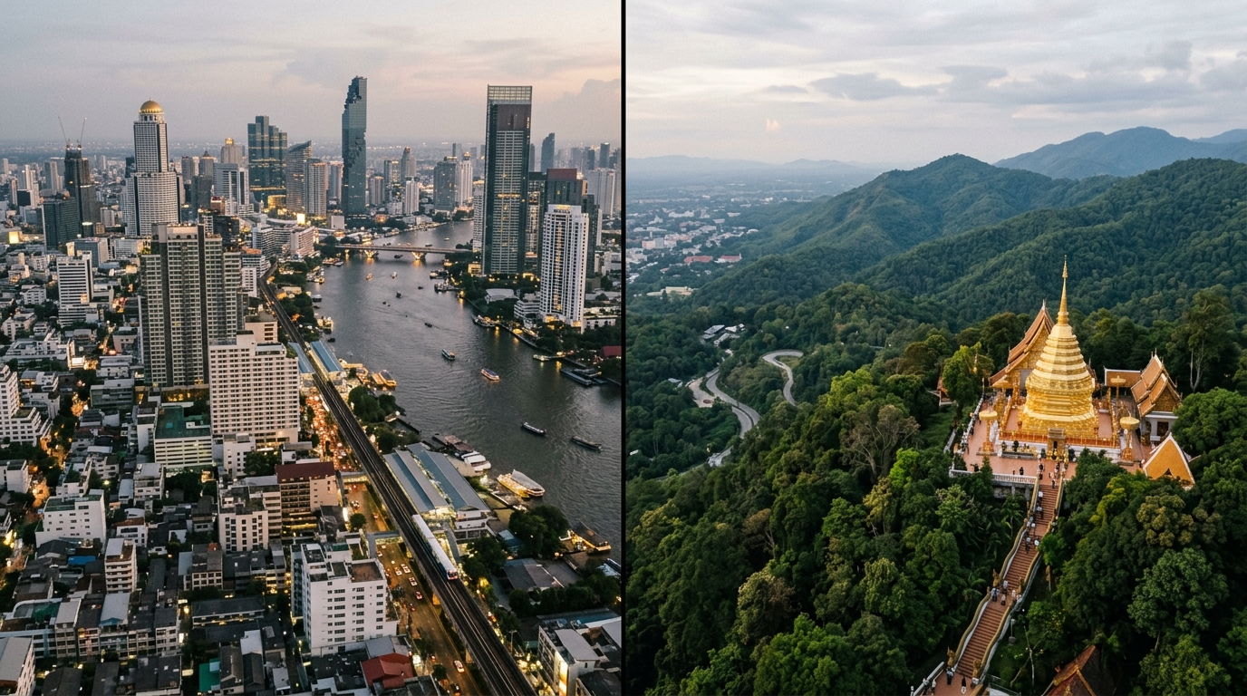 Split image comparing Bangkok skyline with Chiang Mai mountain temple - bangkok chiang mai comparison split photo in bangkok vs chiang mai