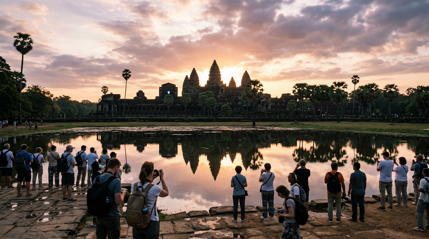 Wide-angle shot of Angkor Wat at sunrise with reflection pool and tourists in foreground