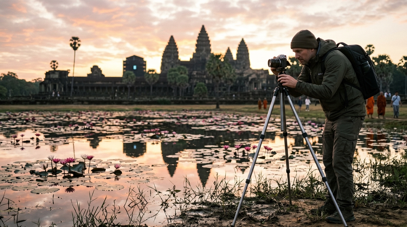 Photographer with tripod at Angkor Wat sunrise lily pond in angkor wat temple guide