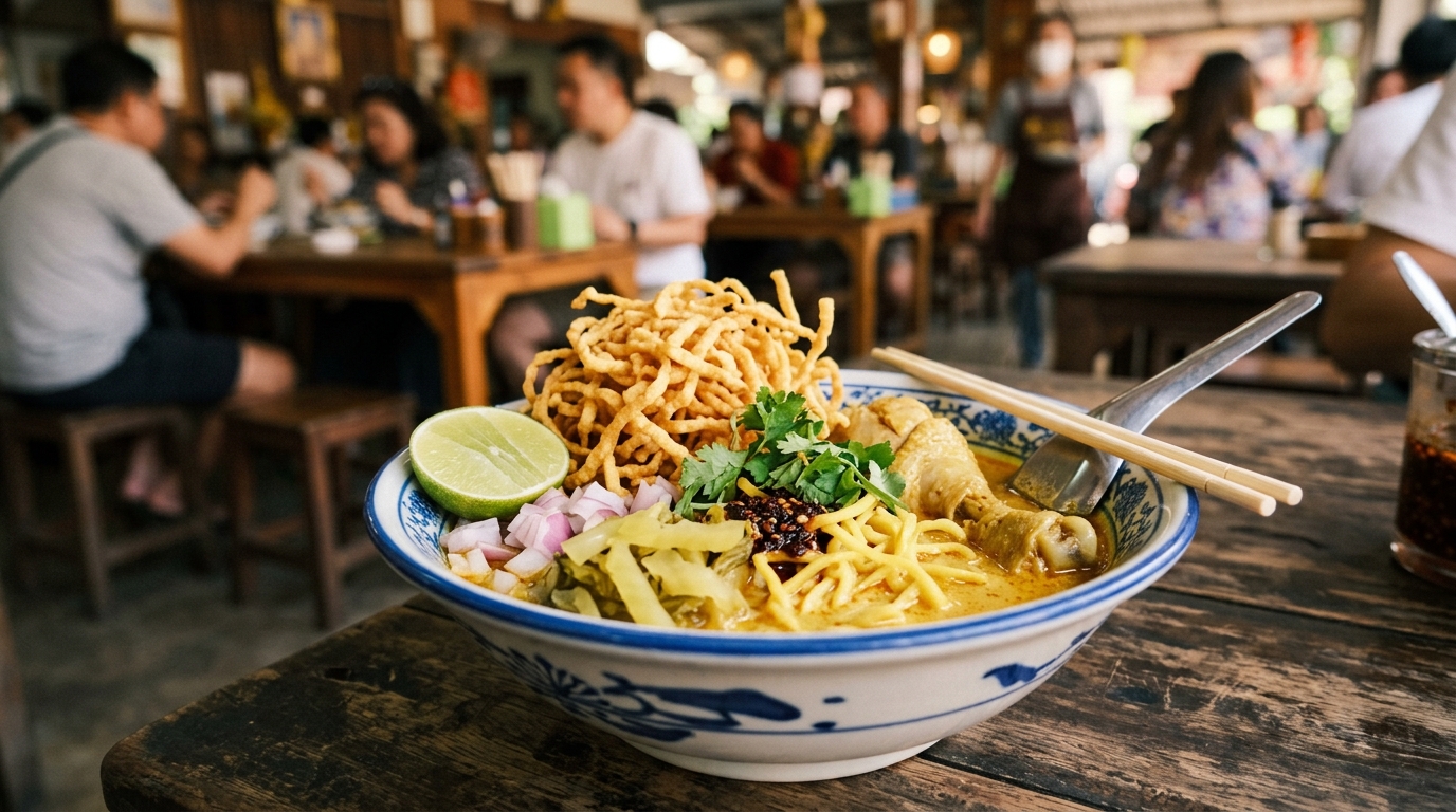 Chiang Mai khao soi noodle soup in bowl with crispy noodles and lime - chiang mai khao soi authentic thai food in bangkok vs chiang mai