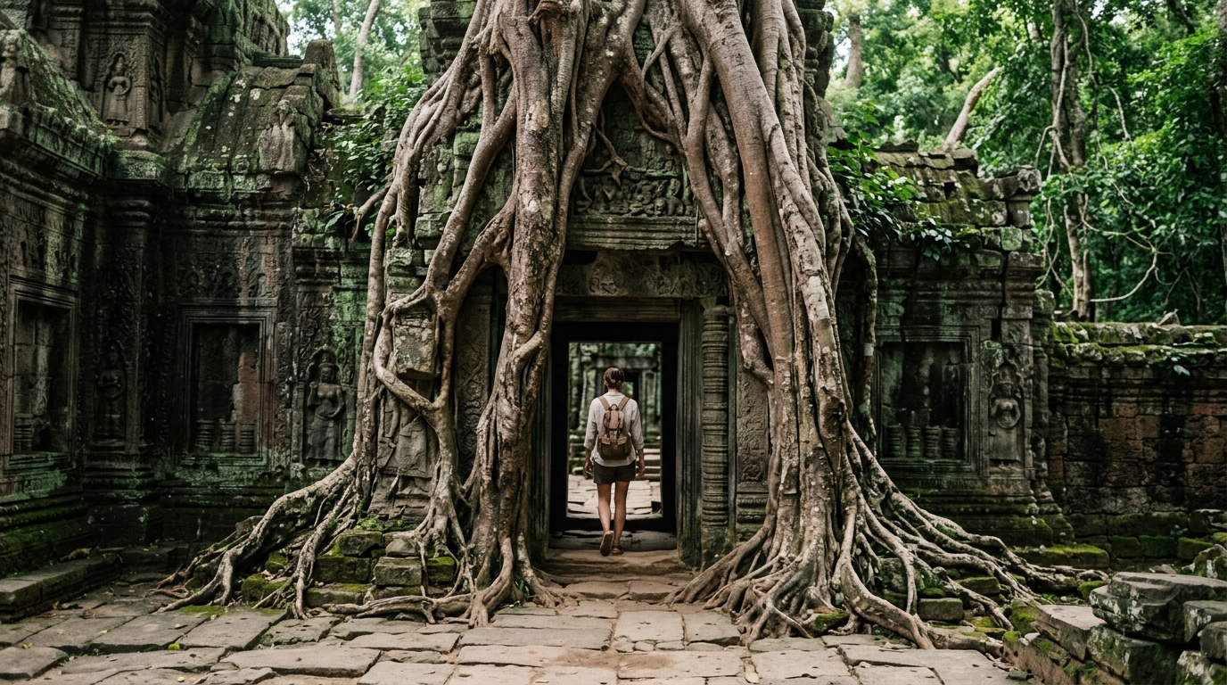 Ta Prohm temple with massive silk-cotton tree roots wrapping ancient stones,