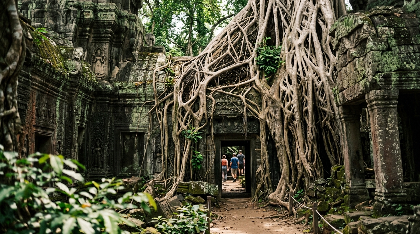 Ta Prohm temple ruins with massive silk cotton tree roots in angkor wat temple guide
