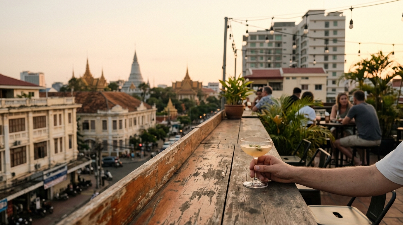 Boutique hotel pool in Siem Reap or rooftop view of Phnom Penh
