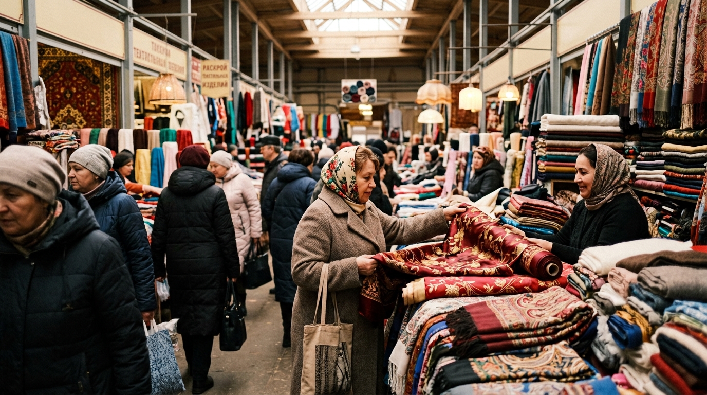 Bustling Russian Market interior with fabrics, silks, and shoppers