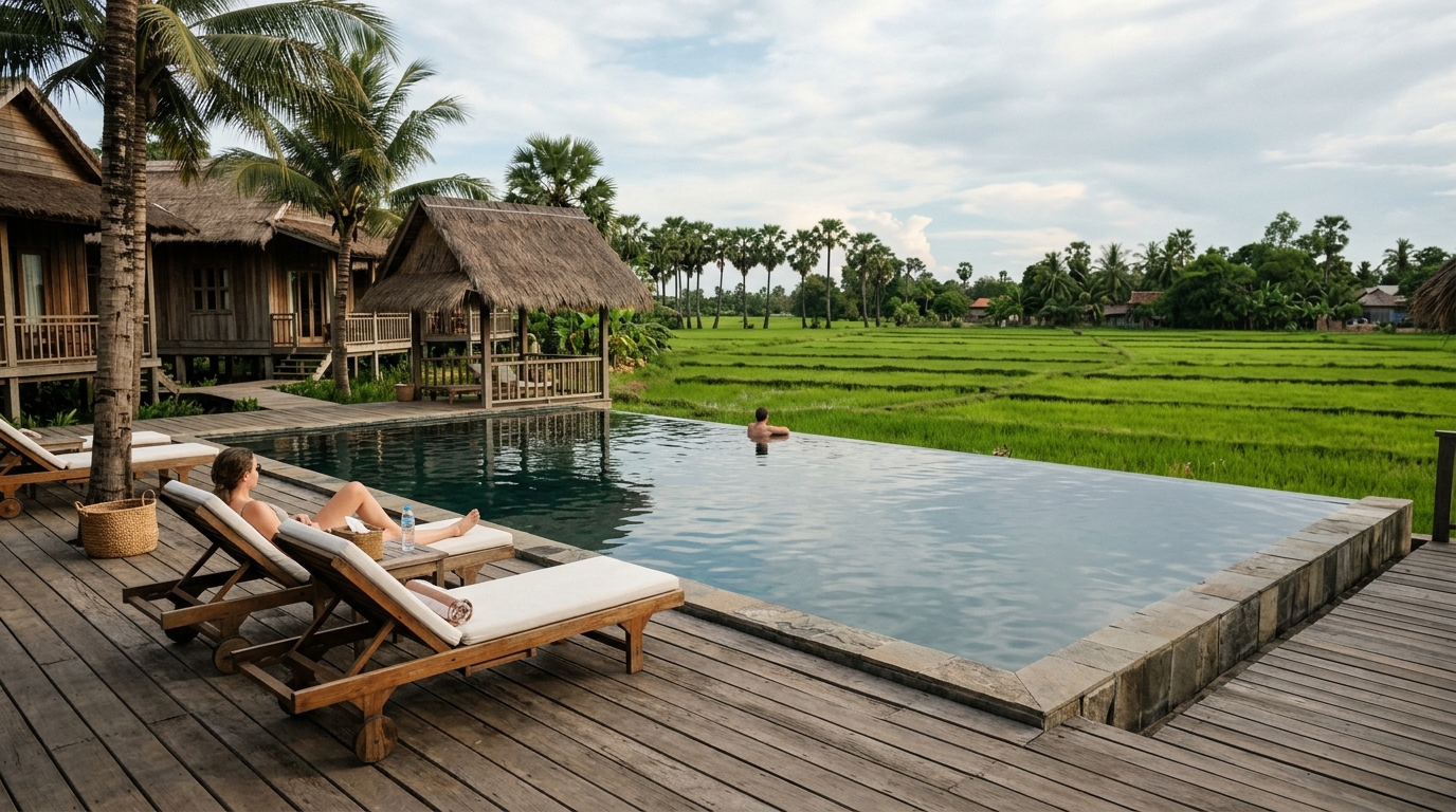 Pool view at Phum Baitang Resort with rice paddies in background,