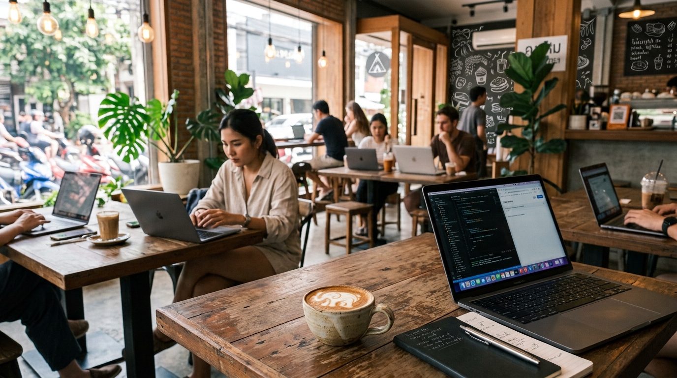 Modern cafe with laptops and Thai latte art in Nimmanhaemin Chiang Mai