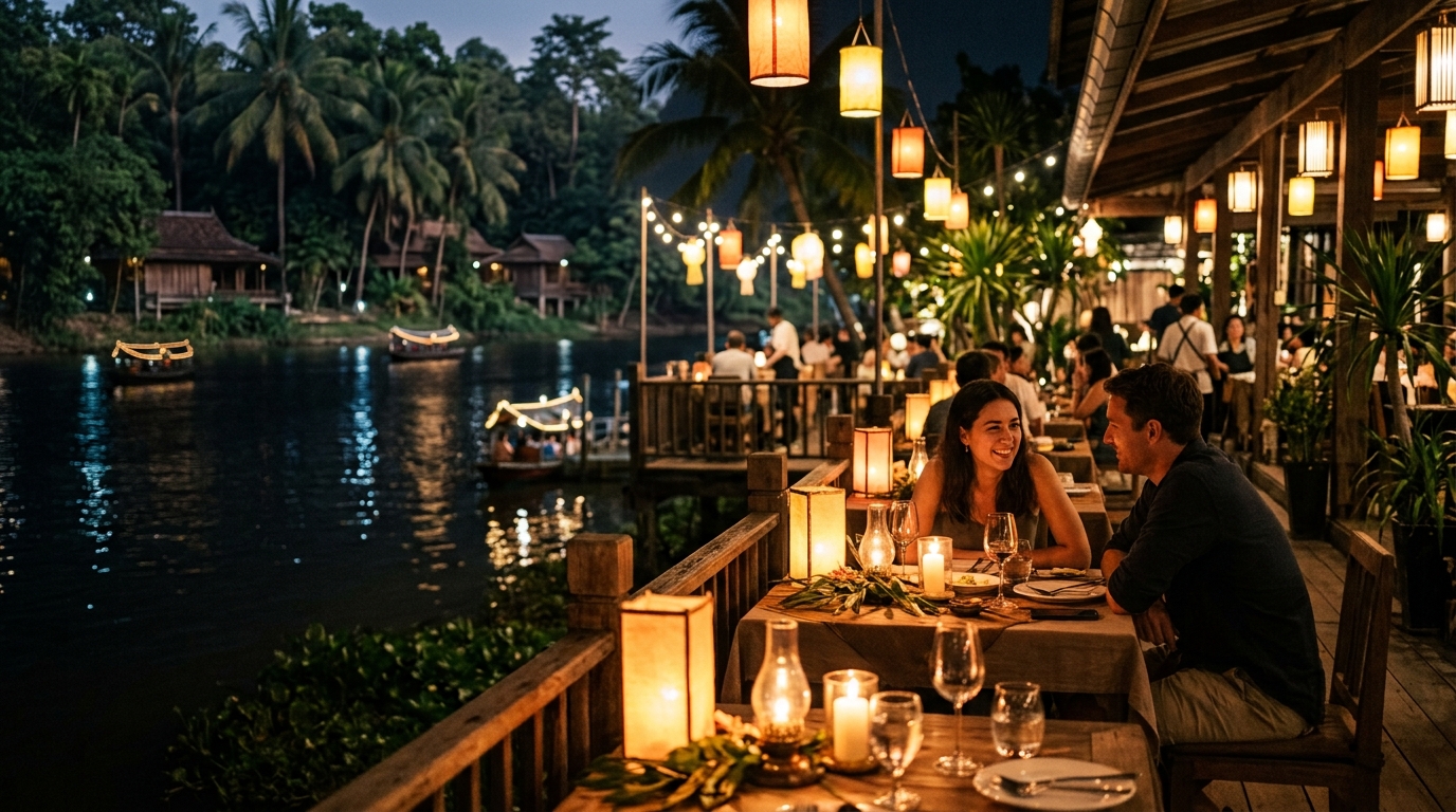 Romantic riverside restaurant on Ping River with candle lights and lanterns at night