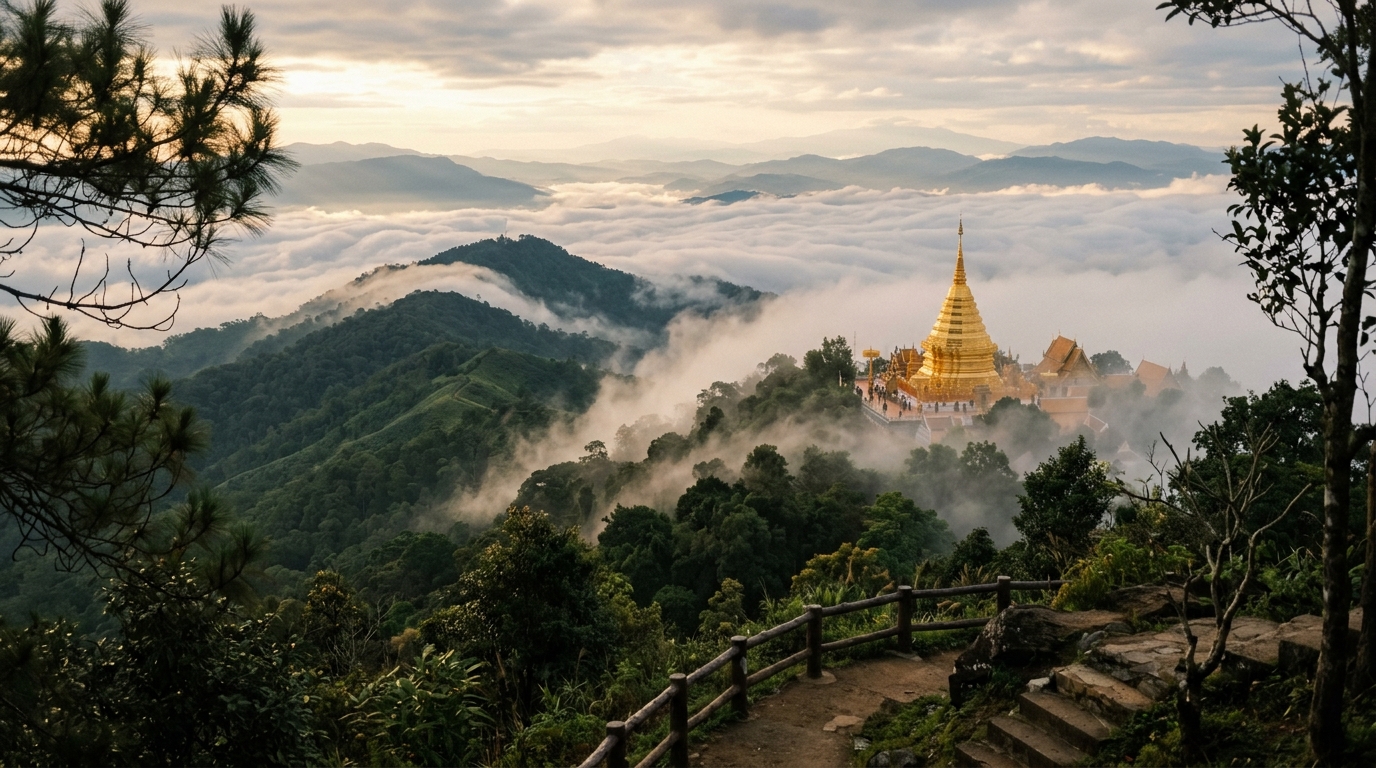 Misty mountain view of Doi Suthep with golden temple stupa Wat Phra That Doi Suthep