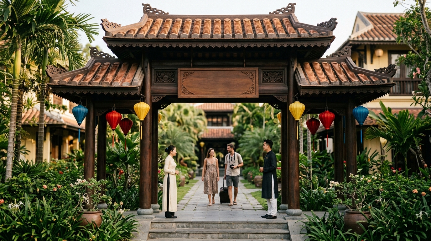 Anantara Hoi An Resort hotel entrance with traditional Vietnamese architecture – hoi an hotels luxury anantara in hoi an hotels